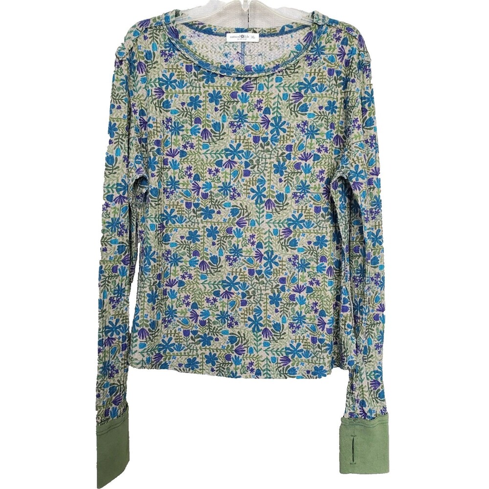 Natural Life Green  Geo Print Thermal Long Sleeve Knit Top w/Thumbhole Cuffs XL